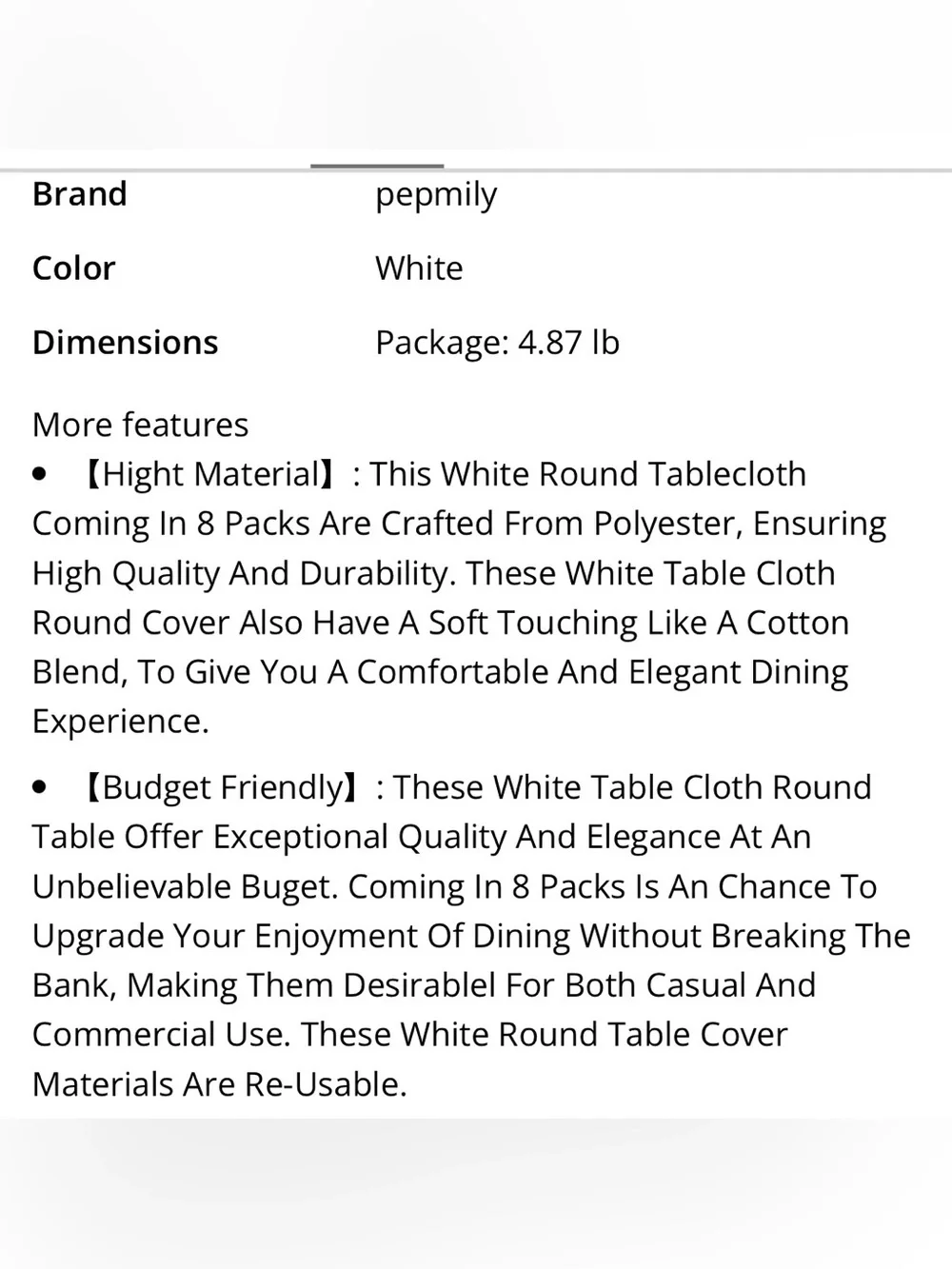 Classic Tablecloth 70” Round WASHABLE REUSABLE EASY-CARE (8-pack) WHITE